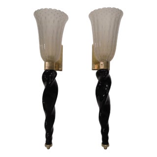 Murano Black and Cream Color Glass Wall Light, 1980, Set of 2 For Sale