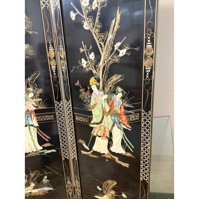 Asian Black Lacquer Four-Panel Folding Screen, Vintage For Sale - Image 15 of 16