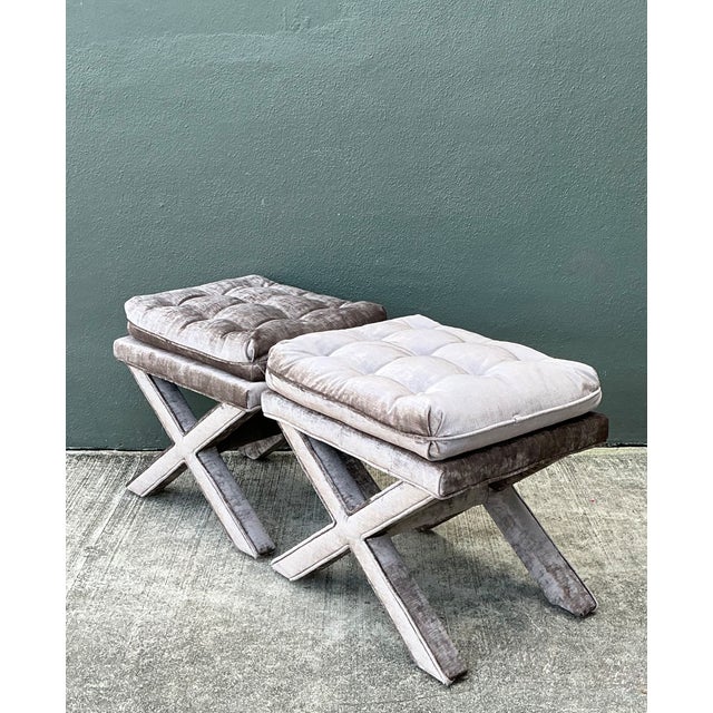 Vintage Tufted Velvet X Benches - A Pair For Sale - Image 11 of 12