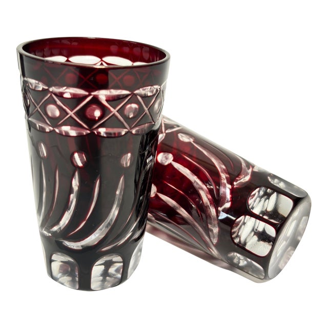 Set of 4 Ruby Red Cut-to-Clear Crystal Glasses, Hand-Cut Barware, Circa 1960s For Sale