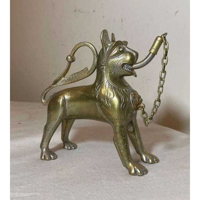 19th Century Antique 1800's Bronze Brass Aquamanile Lion Oil Lamp Lighter Temple Lion Statue For Sale - Image 5 of 14