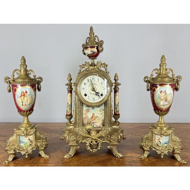 Lancini Imperial Ormolu Porcelain Gilt Brass Mantle Clock Garniture, Set of 3 For Sale - Image 17 of 17