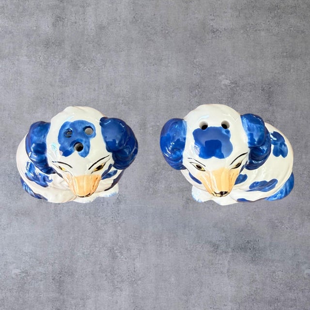 1970s Vintage Blue White Staffordshire Spaniel Dog Salt Pepper Shakers Ceramic Pair⁠ For Sale - Image 5 of 8