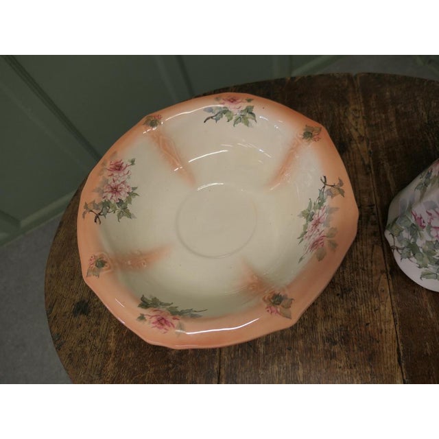 Ironstone Pitcher and Bowl with Hand-Painted Pink Roses, 1920, Set of 2 For Sale - Image 6 of 9
