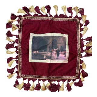 Vintage Turkish Ottoman Style Velvet Accent Pillow Cover Burgundy Velvet Gold Tassel Fringe Maximalist Décor For Sale