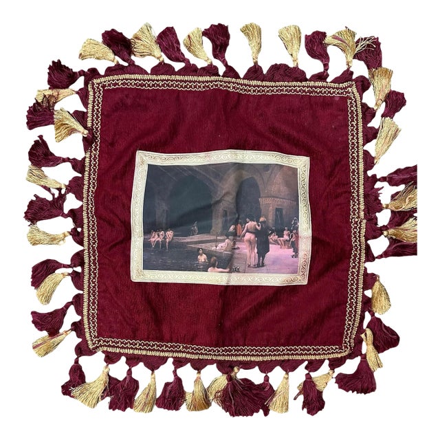 Vintage Turkish Ottoman Style Velvet Accent Pillow Cover Burgundy Velvet Gold Tassel Fringe Maximalist Décor For Sale
