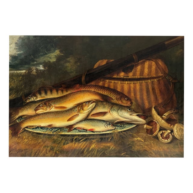 Hl Rolfe, Still Life with Fish, 1800s, Oil on Canvas For Sale
