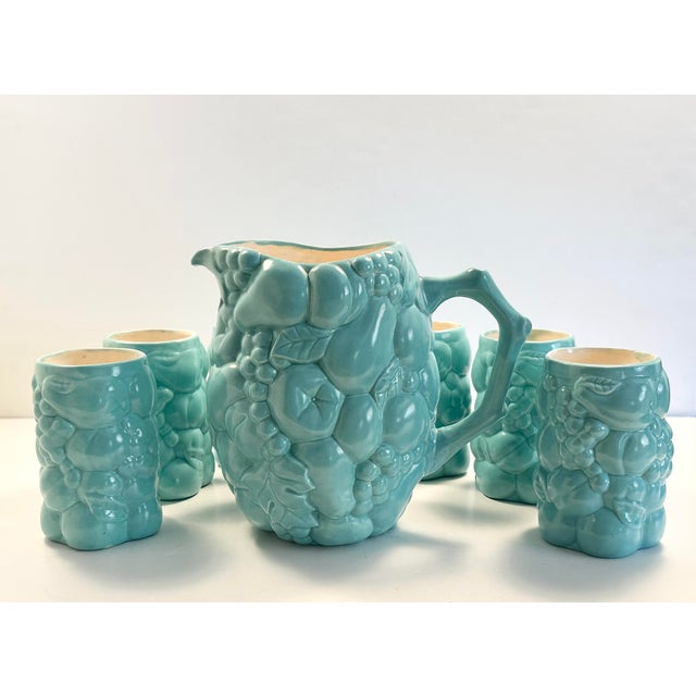 Vintage MCM Ceramic Serving Pitcher and Drinks Glasses, Celadon Fruit Relief Pattern For Sale - Image 9 of 9