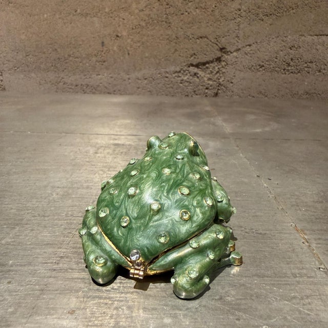 Metal Hand-Painted Enameled Pewter Frog Trinket Box Accented Green Austrian Crystals For Sale - Image 7 of 11