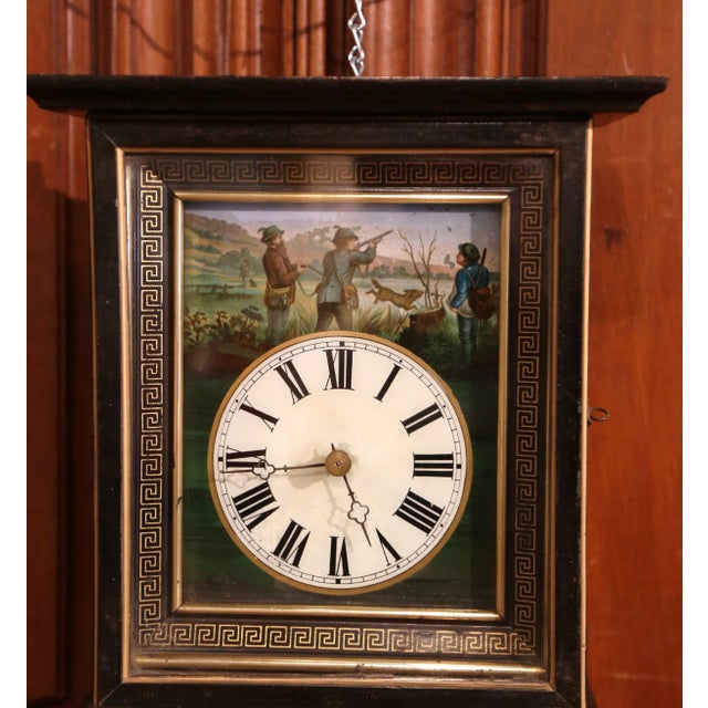 French 19th Century French Napoleon III Hand-Painted Wall Clock With Hunting Scene For Sale - Image 3 of 13