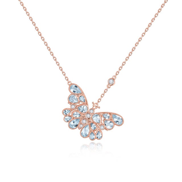 Sky Blue Nina Zhou Aquamarine Diamond Butterfly Pendant Necklace in 14k White Gold For Sale - Image 8 of 10