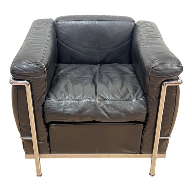 LC2 Chair with Chromed Steeltube and Black Leather by Charlotte Perriand for Cassina, 1970 For Sale