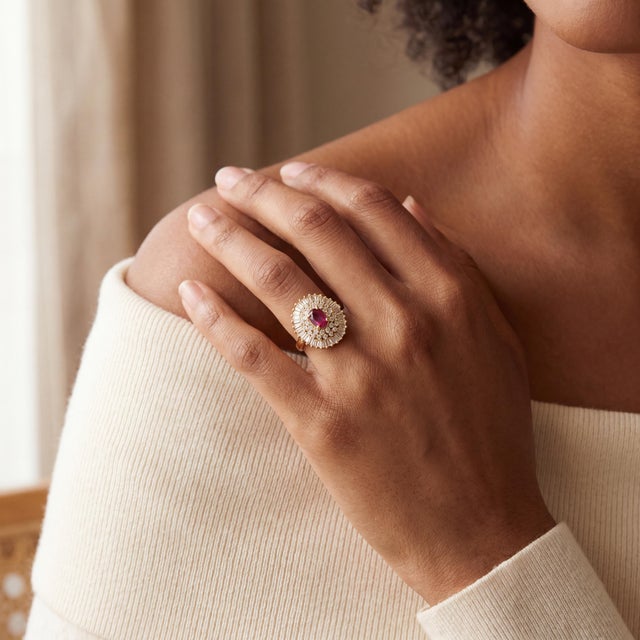 Late 20th-Century 14k Yellow Gold Oval Ruby and Diamond Ballerina Ring, Size 7 For Sale - Image 4 of 4