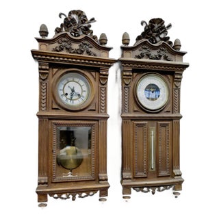 Vintage French 19th Century Wall Clock & Wall Barometer/Thermometer - A Pair For Sale