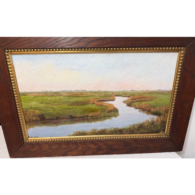 Green Antique 1895 Original Realistic Marsh Land Landscape 19th Century Oil Painting For Sale - Image 8 of 14