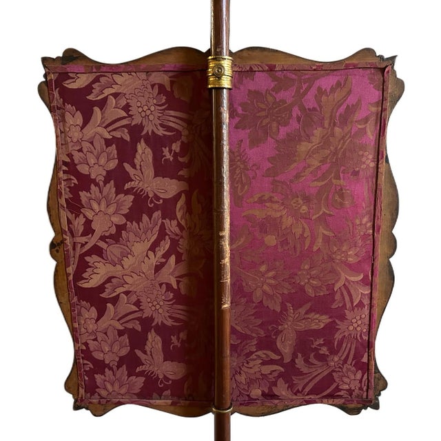 Chestnut Antique Victorian c.1850s Carved Rosewood Embroidered Silk Fireplace Pole Screen For Sale - Image 8 of 11