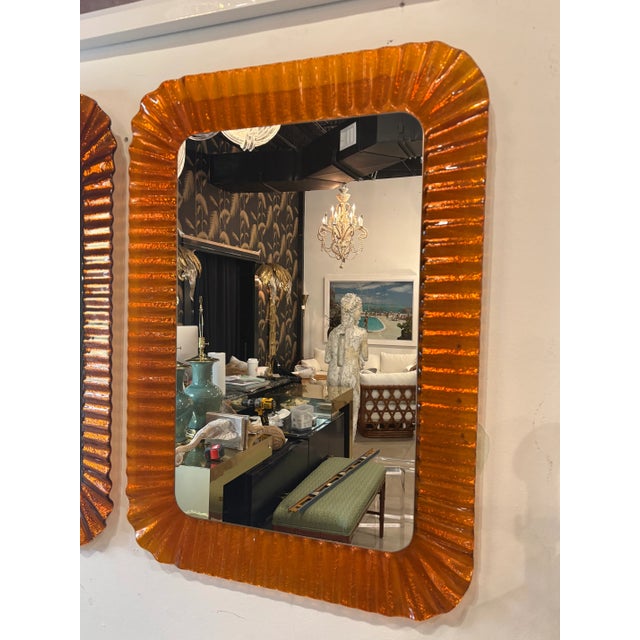 Vintage Italian Glass Pair of Orange Scalloped Wavy Wall Mirrors by Linea Vetro For Sale - Image 12 of 16