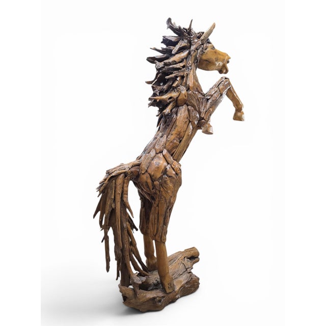 Vintage Rustic Life-Size Hand-Sculpted Indonesian Teak Root & Driftwood Rearing Horse Sculpture A spectacular life-size...