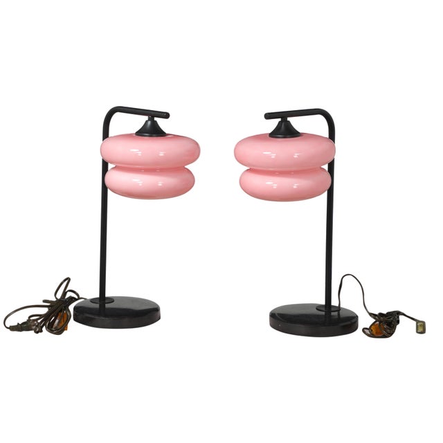 Boho Chic Pair of Black Onyx and Iron Base Table Lamps With Pink Glass Shades For Sale - Image 3 of 5