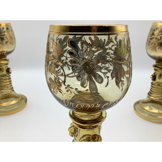 Early 20th Century Antique Moser Bohemian Clear Gilded Blown Glass Wine Goblet, With Gold Floral Flowers and Leafs on Stem With Open End, Set of 5 For Sale - Image 5 of 12