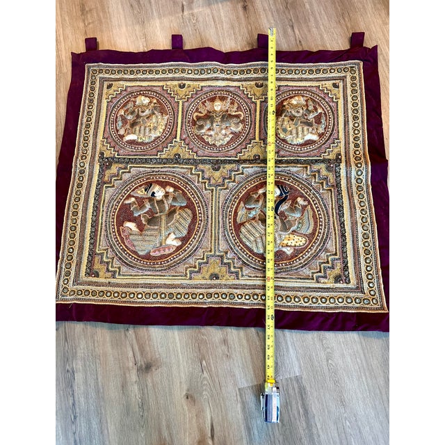 Vintage Burmese Kalaga Embroidered Tapestry With Five Figural Medallions, 40" X 37" For Sale - Image 15 of 18