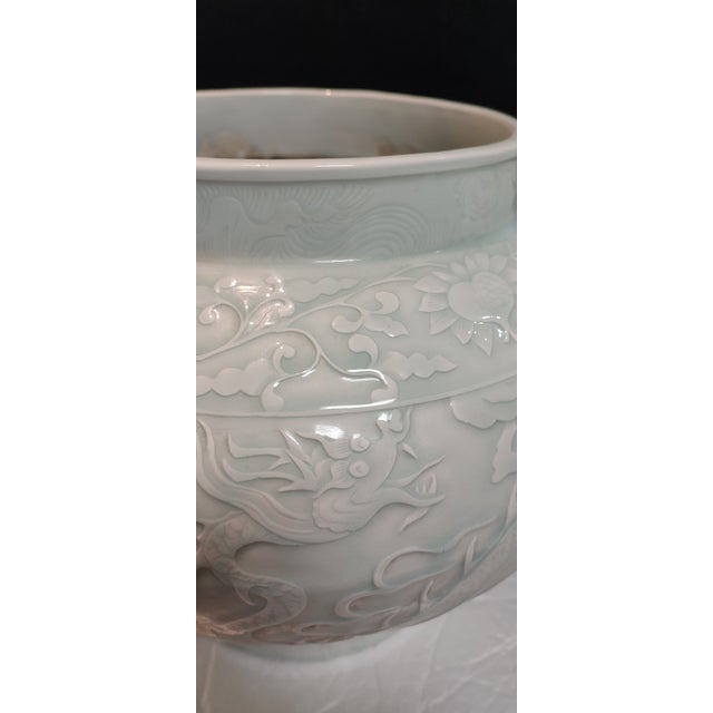 Chinese Ceramic Pot White Glaze Porcelain Jar Hand Carved Dragon Pattern For Sale - Image 4 of 9