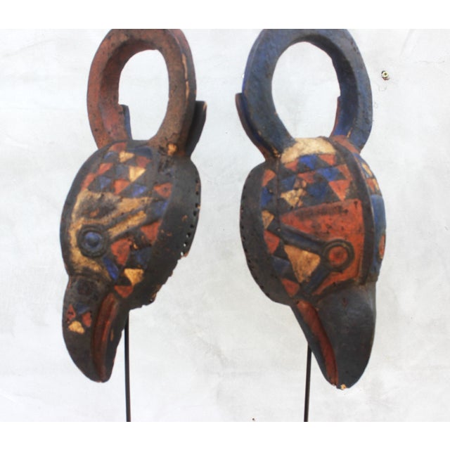 Hand-Carved African Bird Masks with Polychrome Pigments, Mid-20th Century, Set of 2 For Sale - Image 8 of 17