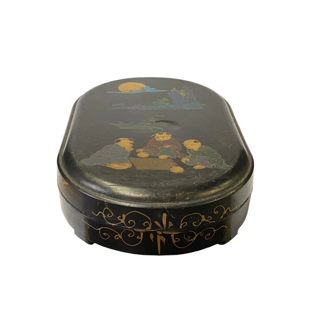 Chinese Rectangular Oval Shape Box With Ink Stone Inkwell Pad | Chairish