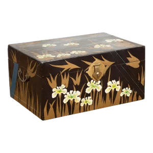 Early 20th Century Japanese Late Meiji Period Black Lacquer Blanket Chest with Golden Painted Décor