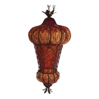 Vintage Reddish Orange Murano Baloton Style Glass Single Pendant Light For Sale