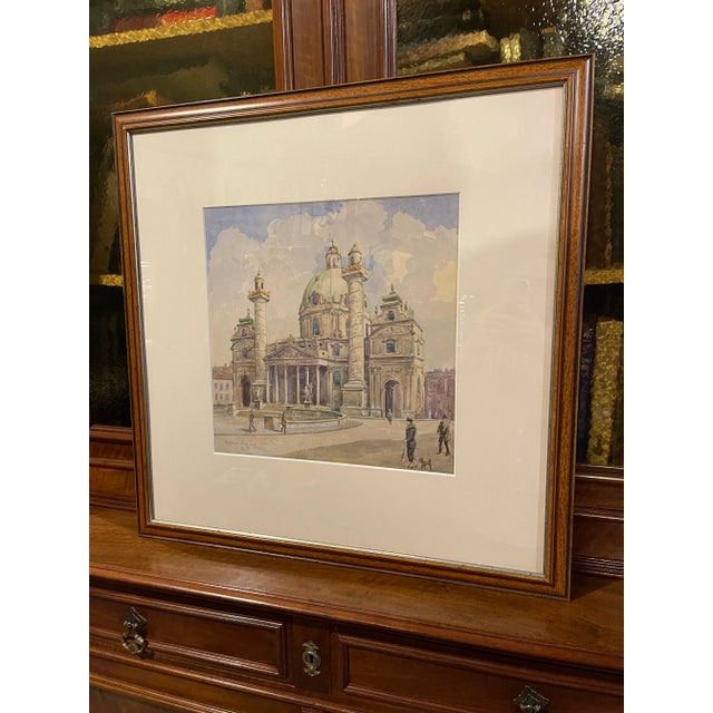 Paint 1957 Original Architectural Watercolor Painting, Framed For Sale - Image 7 of 7