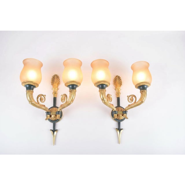 Gilt Bronze Double-Arm Wall Sconces with Frosted Glass Shades, 1950s, Set of 2 For Sale - Image 3 of 18