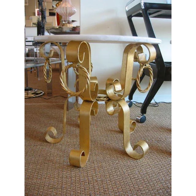 Vintage Italian Gold Leaf Gilded Iron and Marble Top End or Side Tables Pair of Restored For Sale - Image 4 of 11