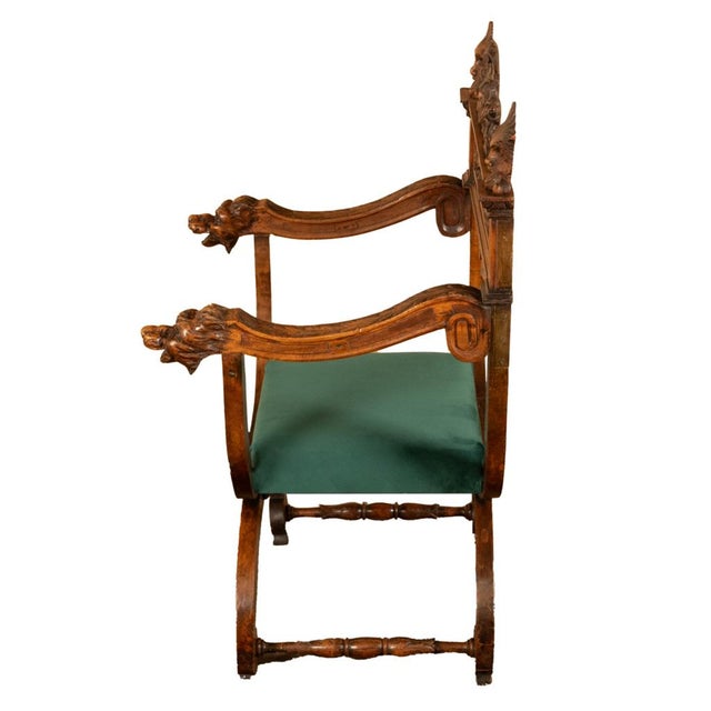 Brown Antique Renaissance Revival Carved Walnut Green Man Savonarola Chair Circa 1890 For Sale - Image 8 of 17
