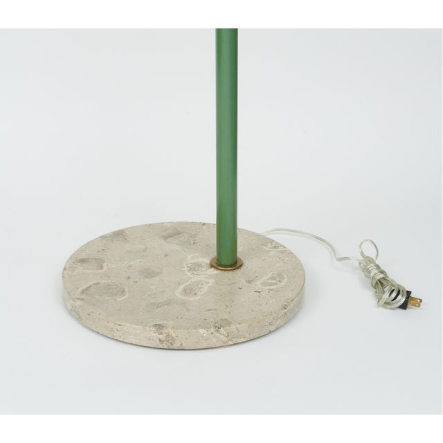 Italy, 1960's Round beige marble base green enameled stem adjustable arm with yellow shade beige enameled. L 26 in H 78 in...