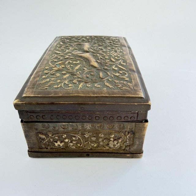 Late 19th Century Antique Art Nouveau Repousse Brass Lidded Box 5.25"x3.25"x2.5" Wolf Deer Trinket For Sale - Image 5 of 12