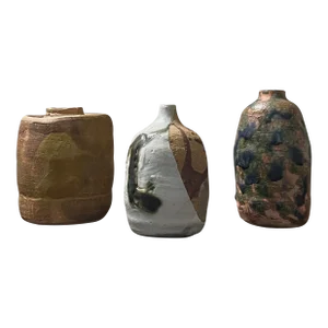 Vintage Trio of Organic Modern Hand Built Glazed Bud Vases, Signed