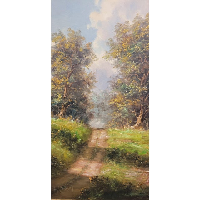 Sky Blue 1990s Large and Beautiful Oil Painting of a Country Road For Sale - Image 8 of 12