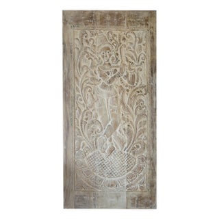 Fluted Krishna Wooden Wall Panel – Hand-Carved Vintage Temple Door Art 84x41 For Sale