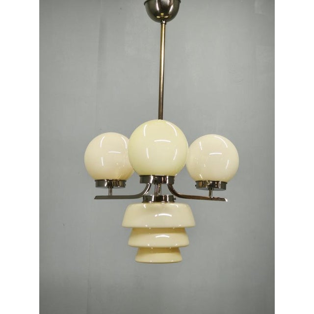 Art Deco Cream Glass and Chrome Chandelier, Czechoslovakia, 1930s For Sale - Image 10 of 12