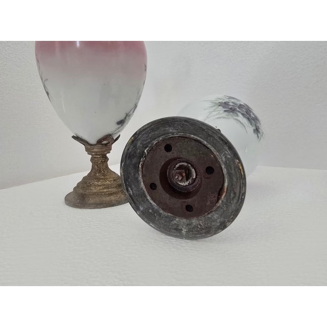 Early 20th Century Early 20th Century Pair of Hand-Painted Glass and Brass Victorian Mantle Ewers For Sale - Image 5 of 5