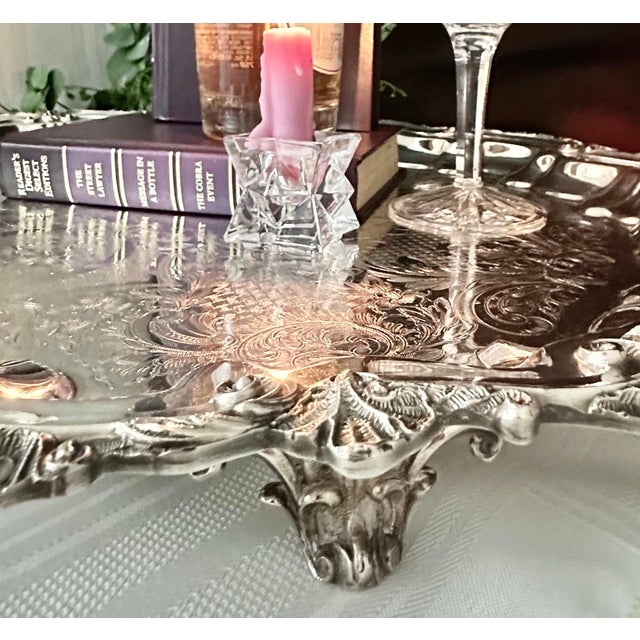 Mid 20th Century Silver Plated Tray Large Footed Serving Butlers Tray Victorian Styled Tea Tray For Sale - Image 9 of 9