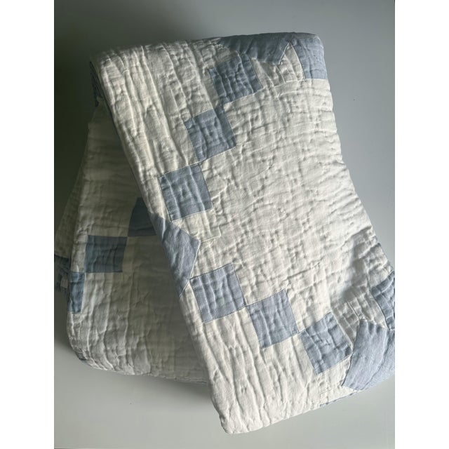 Garnet Hill Agnes Linen Quilt in Sky Blue. King Size. Hand-quilted around each pieced block. 100% linen face, 100% cotton...