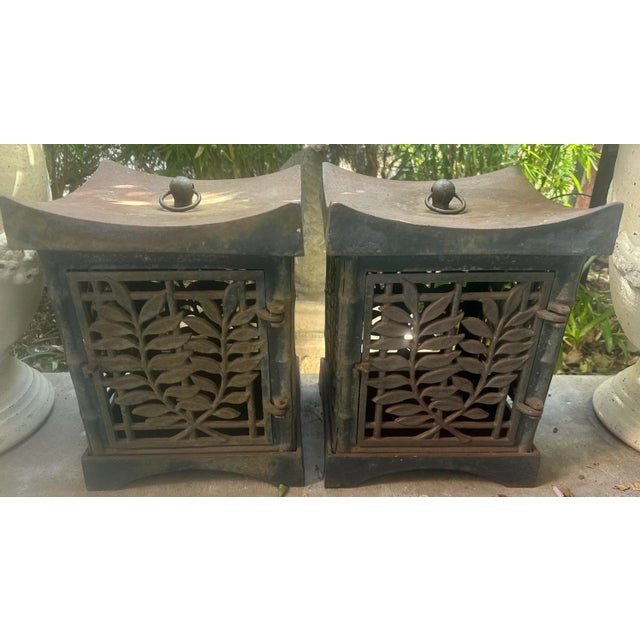 Metal Pair of Antique Asian Large Cast Iron Bamboo & Leaf Motif Lanterns For Sale - Image 7 of 11