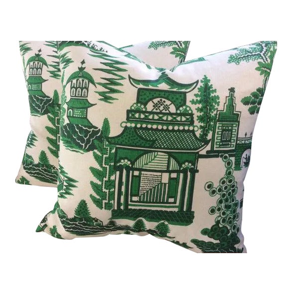 Schumacher Pillows in Jade Green & White "Nanjing" Chinoiserie Style - a Pair For Sale