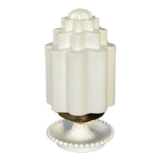 1930s Adorable Art Deco Table Lamp With Classic Stepped "Waterfall" Shade, White Glass For Sale