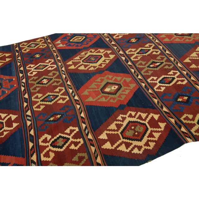 Handmade Vintage Turkish Kilim Wool Rug Allover Geometric in Blue and Red For Sale In New York - Image 6 of 9