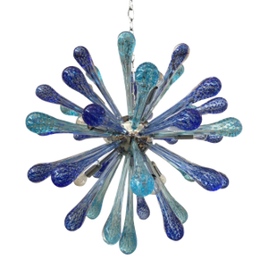 Murano Glass Sputnik Chandelier, Blue Air Drops, With Chromed Metal Frame