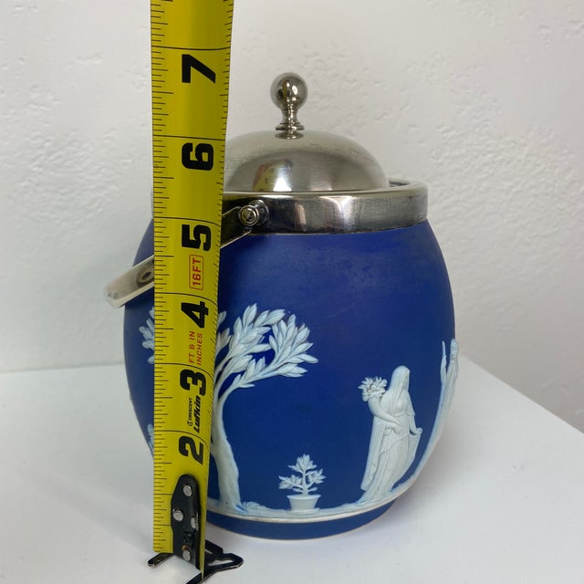 Antique Wedgwood Cobalt Jasperware Biscuit Barrel With James Dixon & Sons Silverplate Lid, Circa 1880s For Sale - Image 11 of 11