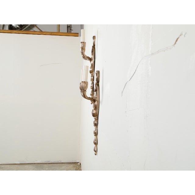 Mid-Century Modern Mid 20th Century English Silver Plated Two-Light Wall Sconces with Foliage - Pair For Sale - Image 3 of 8